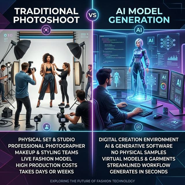 Traditional photoshoot vs AI model generation comparison