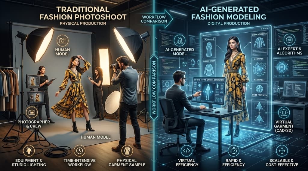 Traditional vs AI Fashion Modeling Workflow Comparison