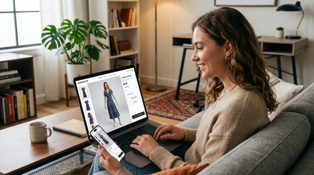 Woman using virtual try-on on laptop and smartphone