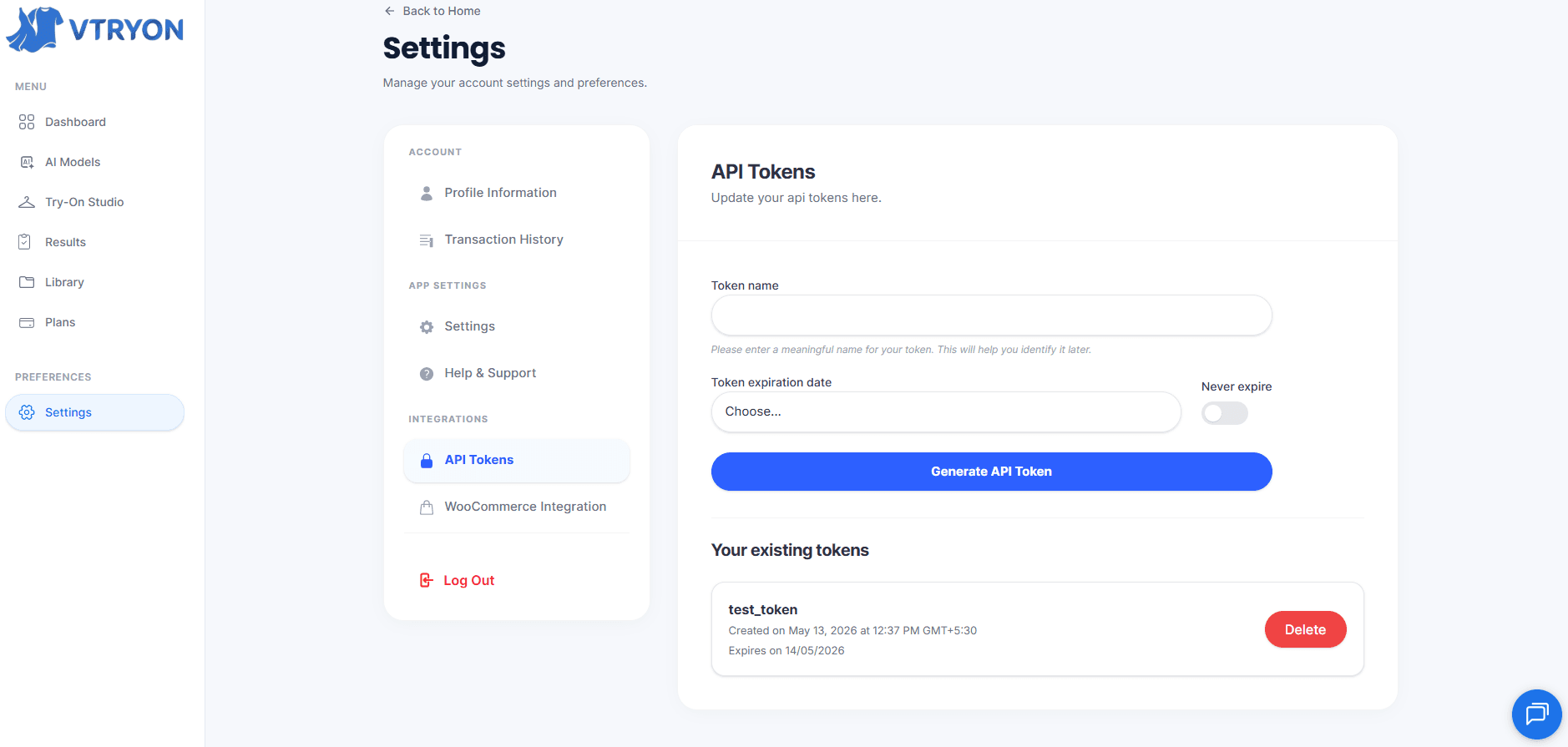 API Token Generation UI