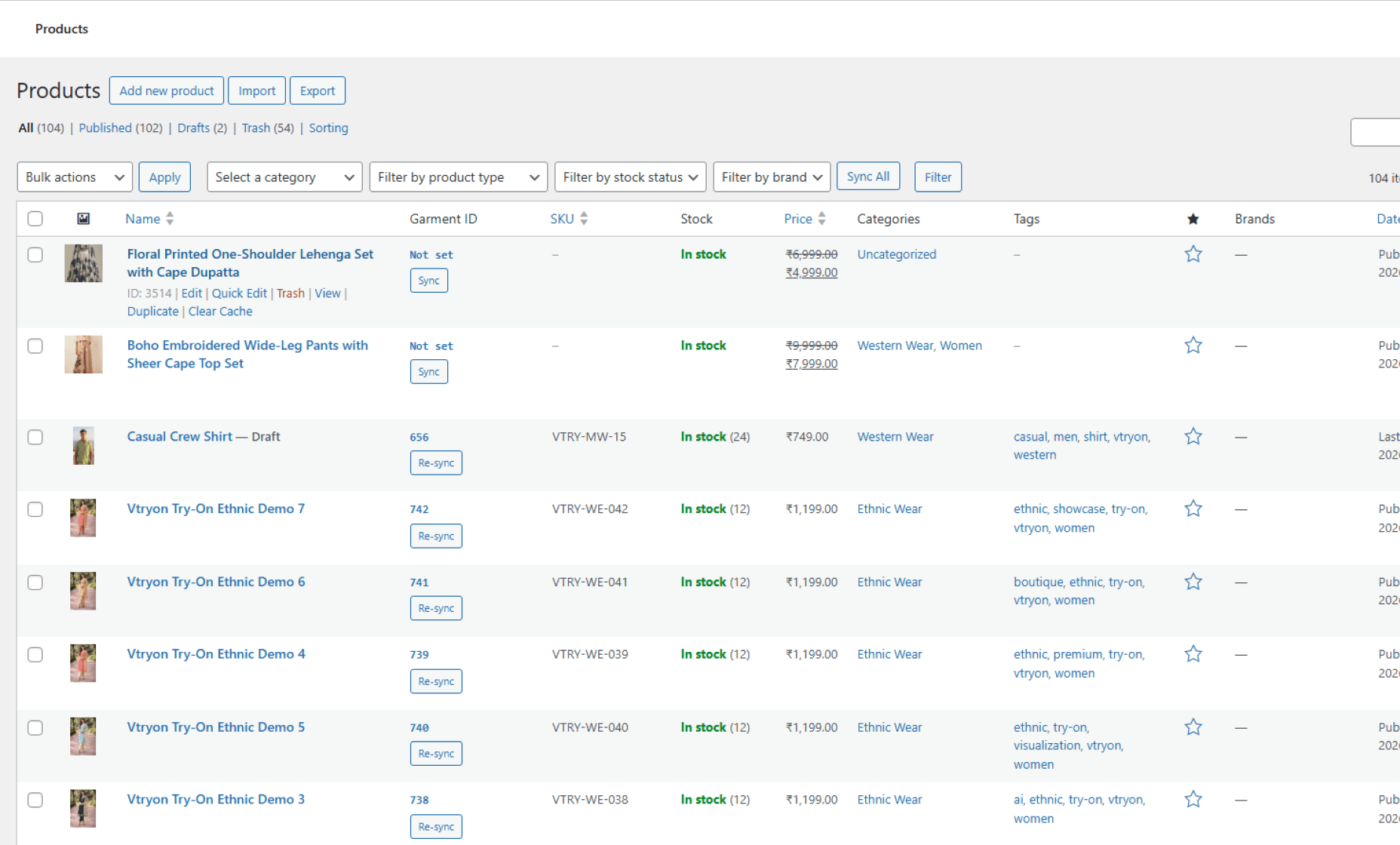 Product sync status list in WooCommerce products table