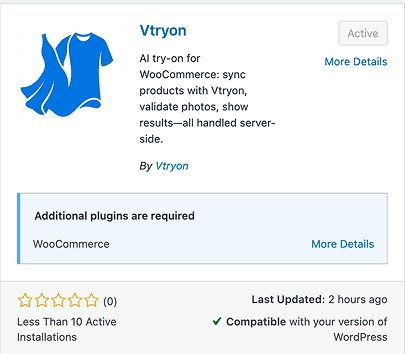 Vtryon plugin listing in WooCommerce extensions