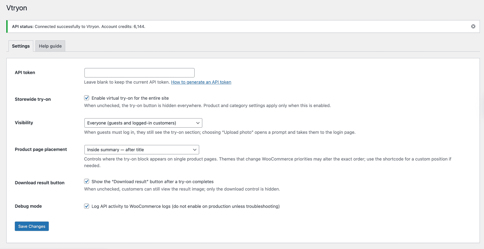 Save your Vtryon API token in WooCommerce settings