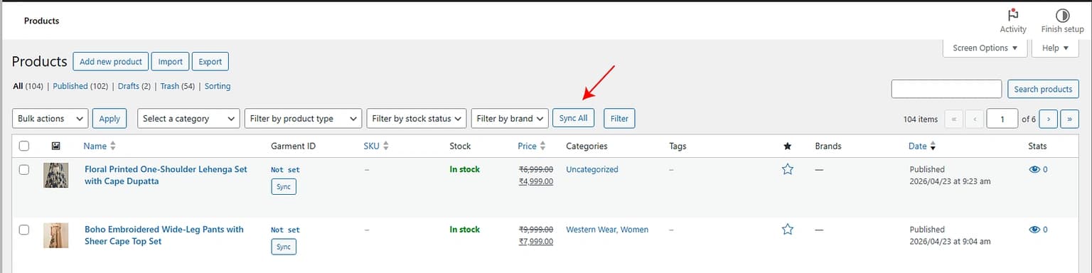 Store-level Sync All runs on products missing a Garment ID using featured images
