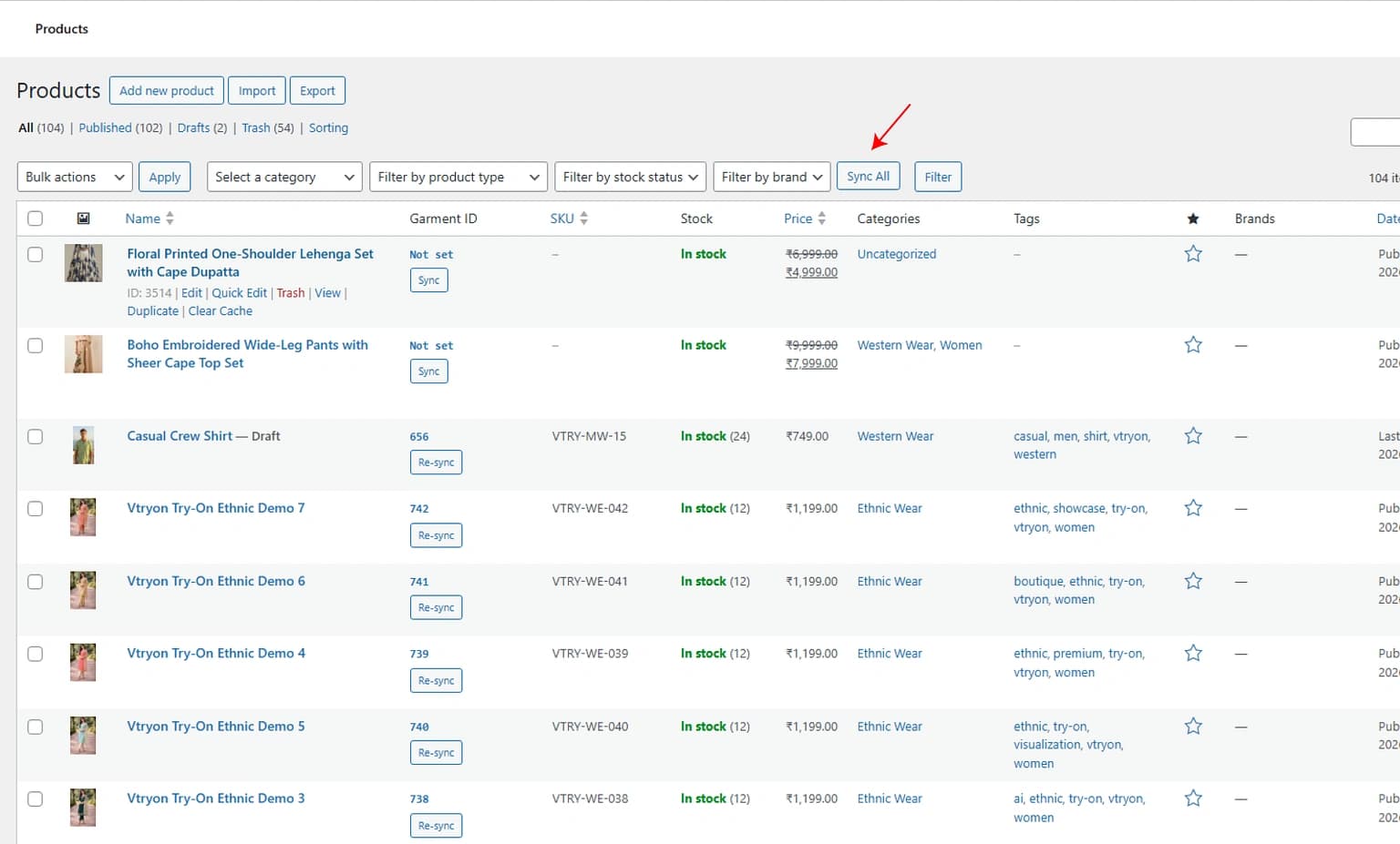 Choose a gallery image or upload a garment photo when syncing one product from the products list