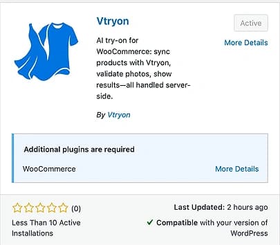 Vtryon plugin listing in WooCommerce extensions