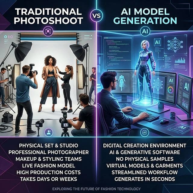 Traditional photoshoot vs AI model generation comparison